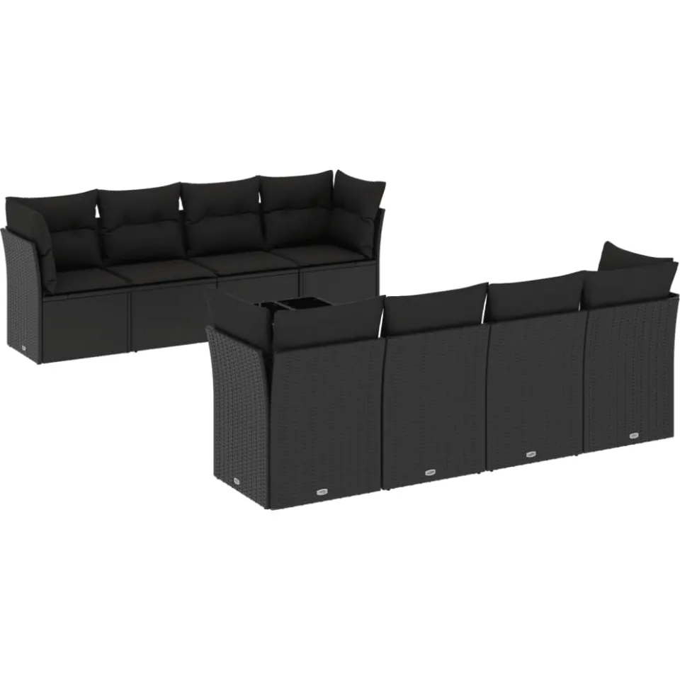 vidaXL 9-delige Loungeset met kussens poly rattan zwart
