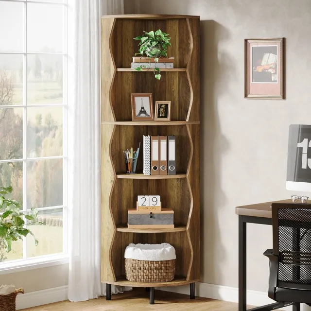 Tribesigns Boekenkast - Hoek Boekenkast met 5 Planken - Plantenstandaard voor Kleine Ruimtes, Woonkamer, Slaapkamer, Keuken - Marron - 45 x 45 x 182 cm