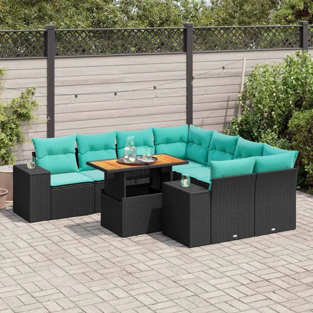 vidaXL 9-delige Loungeset met kussens poly rattan zwart, foto 2