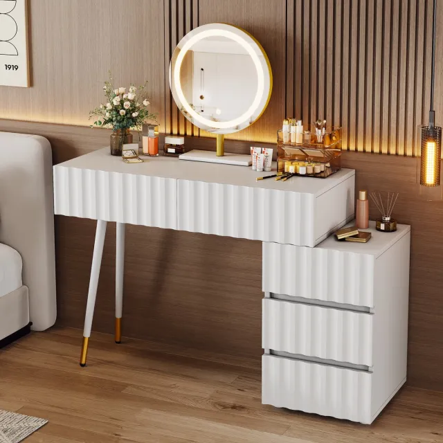 DESMIU Kaptafel Met Led Spiegel En 5 Lades Voor Slaapkamer En Make Up Hoek - Wit - MDF En Spaanplaat - 100 X 40 X 127 Cm