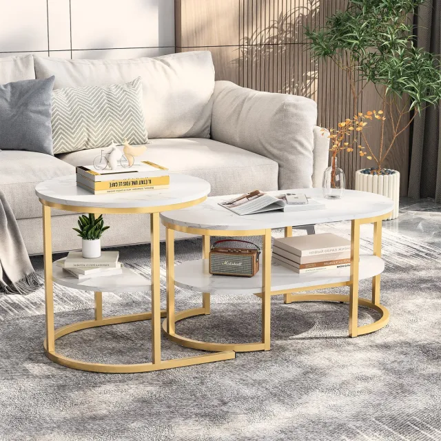 Solvenrik Nesttafels Set van 2 – Ovale en Ronde Salontafel & Bijzettafel – Met Metalen Frame en Opbergruimte – Marmerlook Design Goud