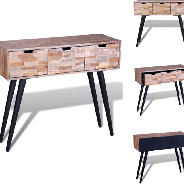 vidaXL Wandtafel - met - 3 - lades - gerecycled - teakhout zwarte poten en diverse tinten teak voor het tafelblad