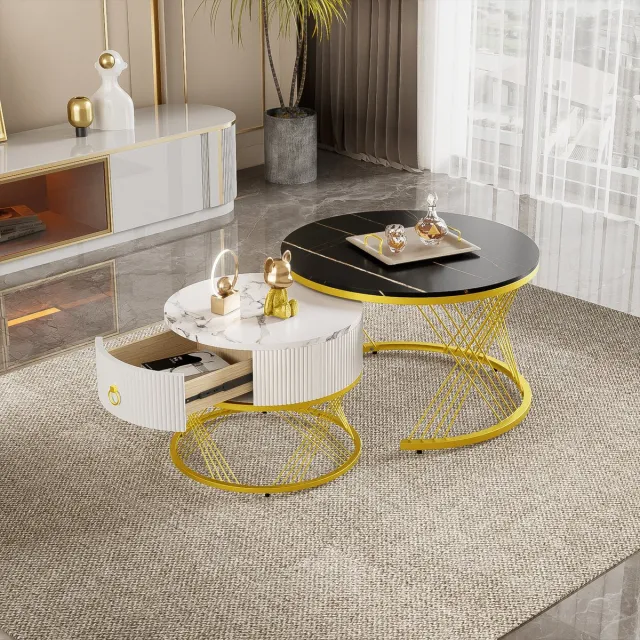 Clruro Salontafelset 2-delig - Marmerlook en Goudaccenten - Laden en Nestbaar Ontwerp - MDF - Wit Goud Zwart
