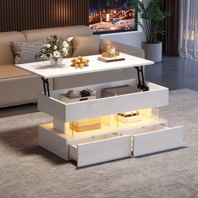Wishdor Verstelbare salontafel 100×50×46 cm – wit hoogglans, hydraulische lift, 2 lades en Bluetooth-LED
