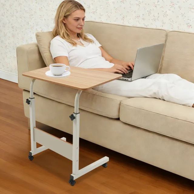 Zoranta 24x16'' Verstelbaar Computerbureau op Wielen - In Hoogte Verstelbare Laptopstandaard met Zwenkwielen en Ondersteunende Plank - Wit Metalen Frame en Houtfineer Blad