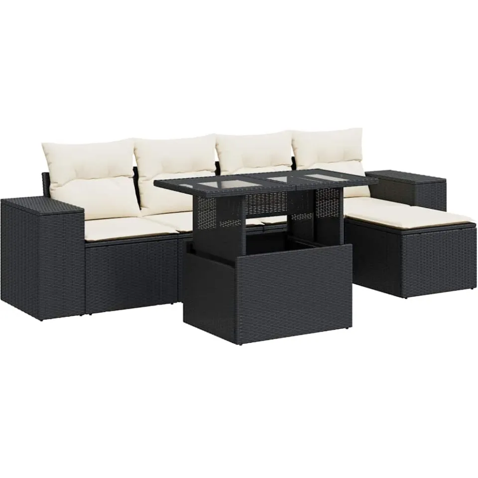 vidaXL 6-delige Loungeset met kussens poly rattan zwart, foto 3