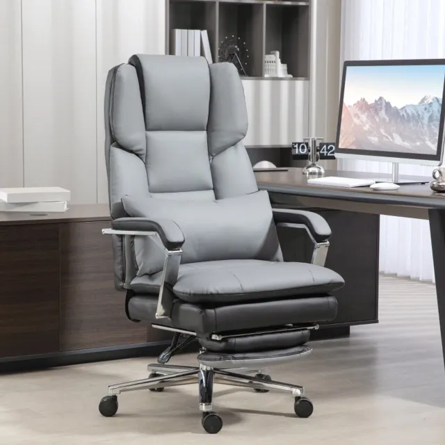 MEUNIQ ergonomische bureaustoel 63 x 71 x 123-129 cm met hoge rugleuning, kantelfunctie tot 160°, uitschuifbare voetsteun, vaste armleuningen en wielen grijs zwart