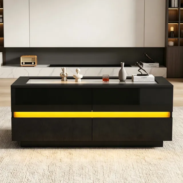 STILVORA Salontafel - Met 4 Lades En Led Verlichting - Voor Woonkamer Met Gehard Glas En Hoogglans - Spaanplaat - 100x50x40 Cm - Zwart