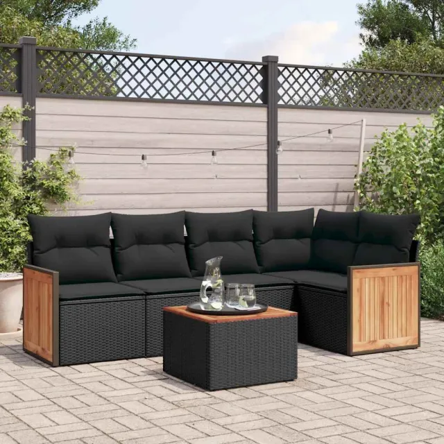 vidaXL 6-delige Loungeset met kussens poly rattan zwart, foto 2