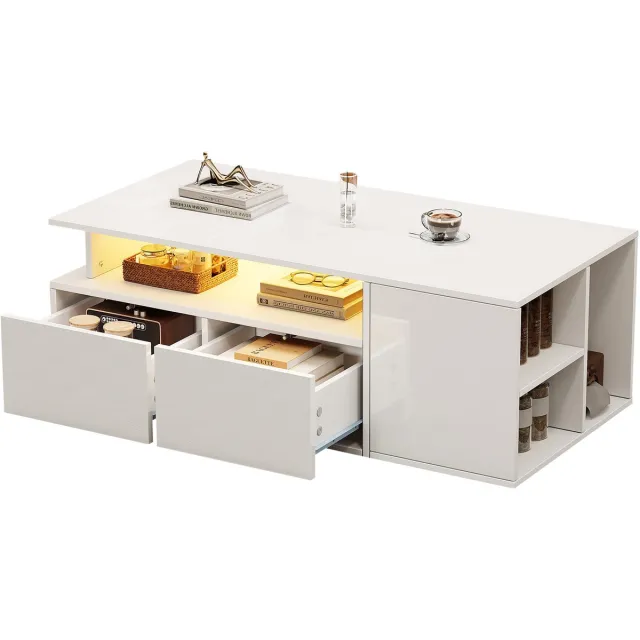 MODFU Salontafel 100x50x35 cm van spaanplaat, hoogglans wit met LED en 2 lades, uitgebreide opbergruimte