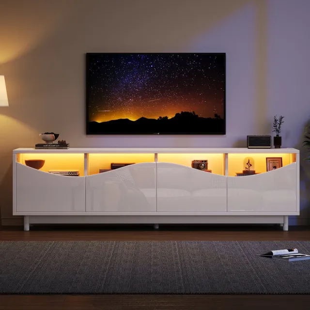 Clruro Lowboard - 175x38x51 cm - Gebogen Design - Hoogglans met LED en Glazen Deur - Wit