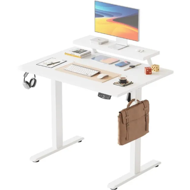 Agilestic Elektrisch in hoogte verstelbaar bureau, 100 x 60 cm, met beweegbare monitorstandaard, sta-bureau met 2 geheugentoetsen, 2-delig tafelblad, thuiskantoorbureau, wit