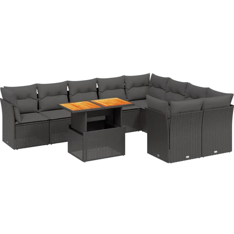 vidaXL 10-delige Loungeset met kussens poly rattan zwart, foto 3