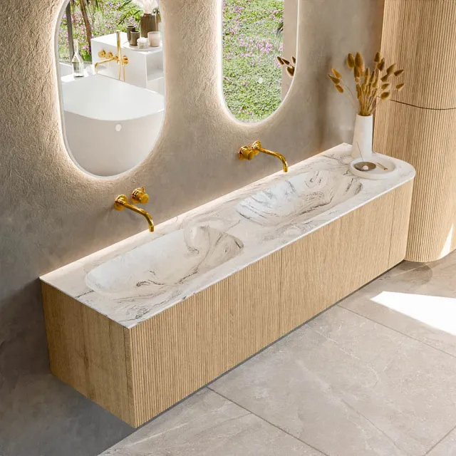 Mondiaz KURVE-DLUX 175 cm Onderkast Greeploos 2 Lades Met Deuren Oak, Wastafel Solid Surface Links Glace 0 Kraangaten Zonder Spiegel (KRVSTS175R2L1D0KD-Oak/Gla)