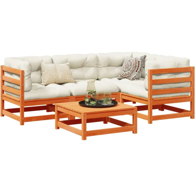 vidaXL 5-delige Loungeset met kussens massief grenenhout wasbruin