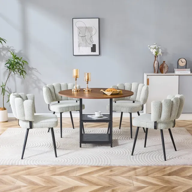 MODENUIT Eettafelset - Ronde Eettafel 107 cm Met 4 Stoelen - Dubbele Opberglagen - Eetkamer - MDF En Metaal - Lichtbeige Lichtbeige, Walnootkleur En Zwart