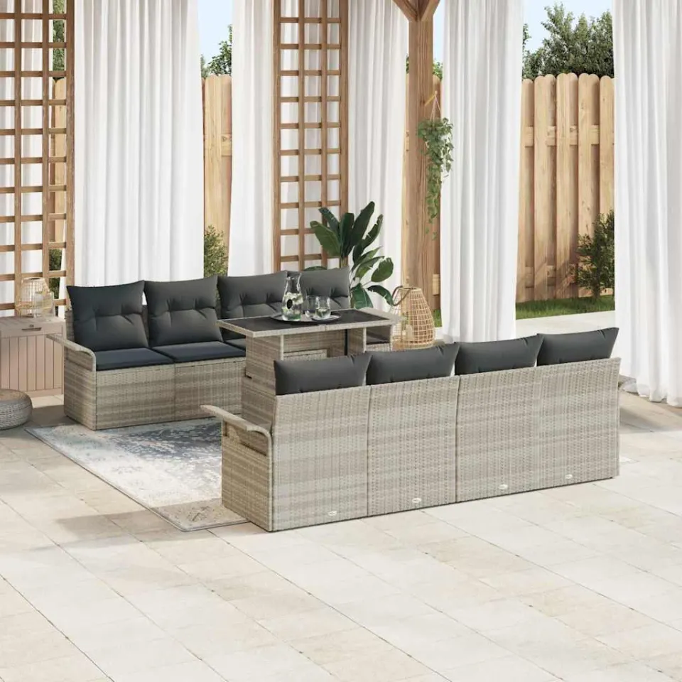 vidaXL Tuin Sofa Set 9 st Lichtgrijs poly rattan, foto 2