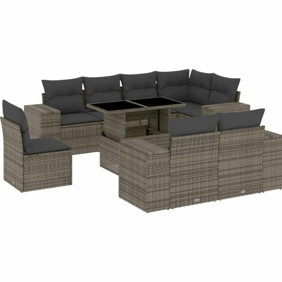 vidaXL 9-delige Loungeset met kussens poly rattan grijs