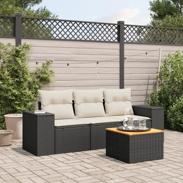 vidaXL 4-delige Loungeset met kussens poly rattan zwart, foto 2