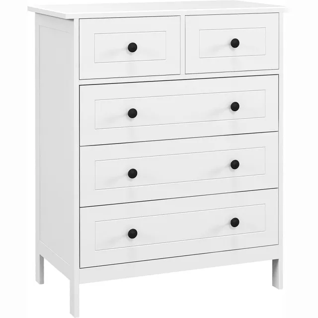 Lunpog Commode met 5 laden, opbergkast, 74 x 40 x 91 cm, wit | Voor slaapkamer, kantoor, entree, eigentijdse stijl, metalen zwart handgreep Blanc