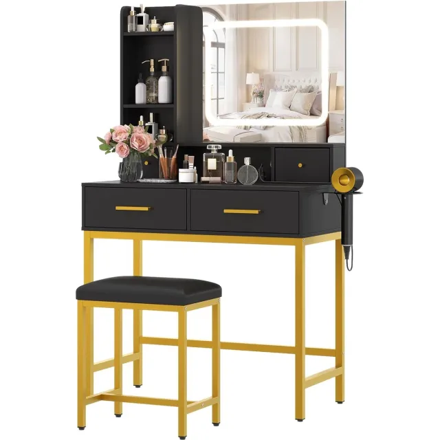 HOERFURIY Kaptafel - Kaptafel met stoel - Make-uptafelset met 4 lades - Make-upkaptafel met spiegel en verlichting, verkrijgbaar in 3 kleuren - 135 × 80 × 40 cm - Zwart