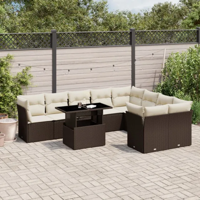 vidaXL 10-delige Loungeset met kussens poly rattan bruin