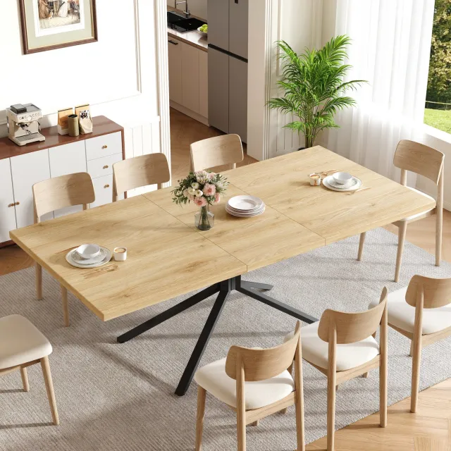 HAUSS SPOLE Eettafel - Uitschuifbaar voor 4 tot 6 Personen - Voor Eetkamer en Keuken - MDF en Zwart Metaal - Licht Eiken - 120 of 160 x 90 x 75 cm Lichte eik, zwart