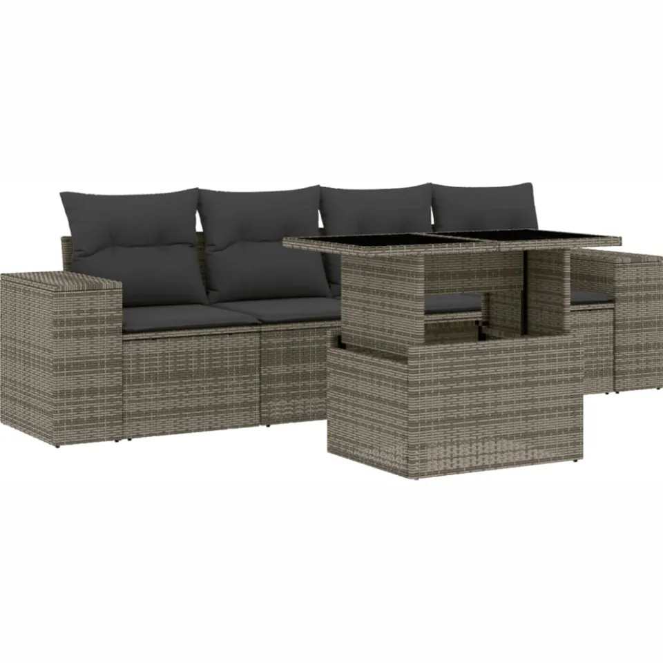 vidaXL 5-delige Loungeset met kussens poly rattan grijs, foto 3