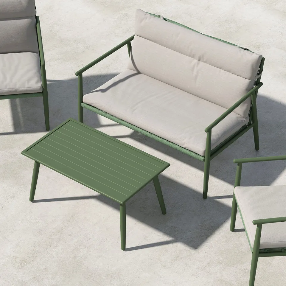 Nest outdoor Margret tuin loungeset groen - tweezits bank, twee fauteuils en een salon tafel - met beige zitkussens, foto 5