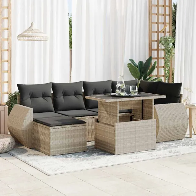 vidaXL 7-delige Loungeset met kussens poly rattan beige, foto 2