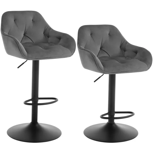 Whoopr® Set van 2 Fluwelen Barkrukken – In Hoogte Verstelbare & Draaibare Barstoelen met Voetsteun – Gestoffeerde Barkrukken voor Keuken, Kookeiland & Bar Grijs