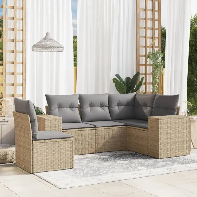 vidaXL 5-delige Loungeset met kussens poly rattan beige, foto 2