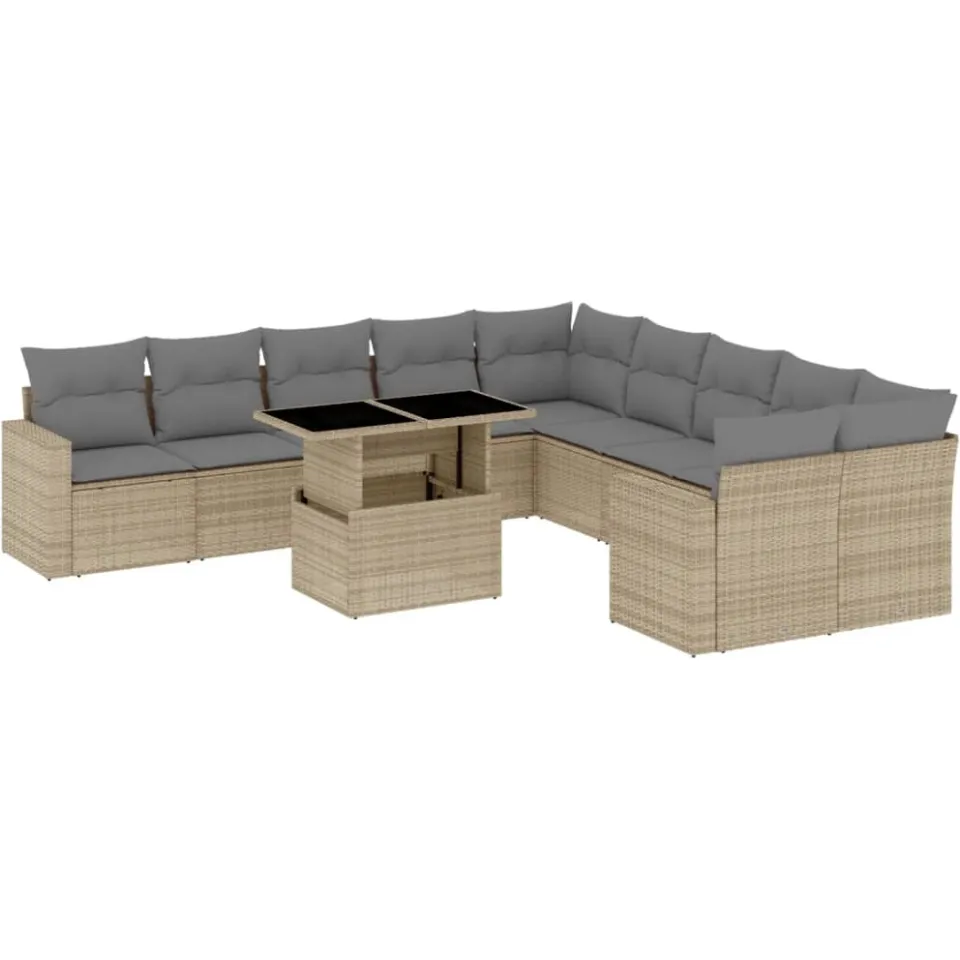 vidaXL 11-delige Tuinset met kussens poly rattan beige, foto 3