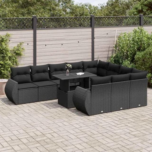 vidaXL 11-delige Loungeset met kussens poly rattan zwart, foto 2