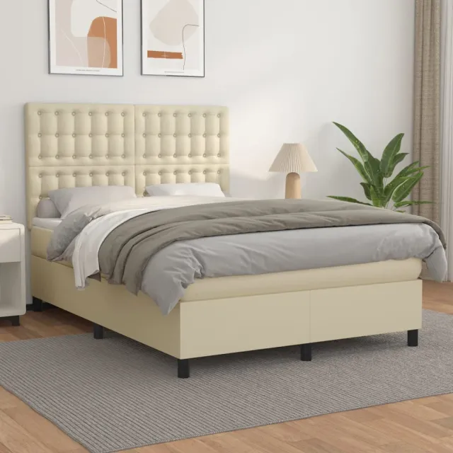 vidaXL Boxspring met matras kunstleer crèmekleurig 140x190 cm