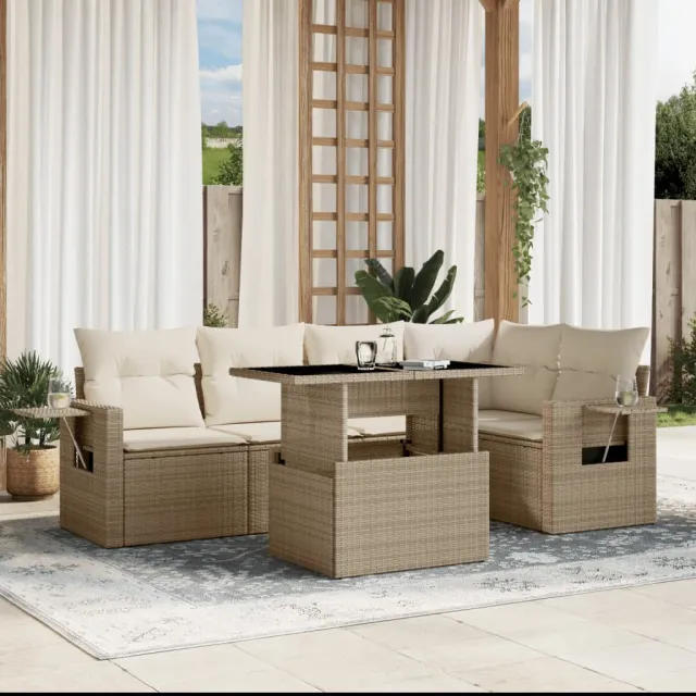 vidaXL 6-delige Loungeset met kussens poly rattan beige, foto 2
