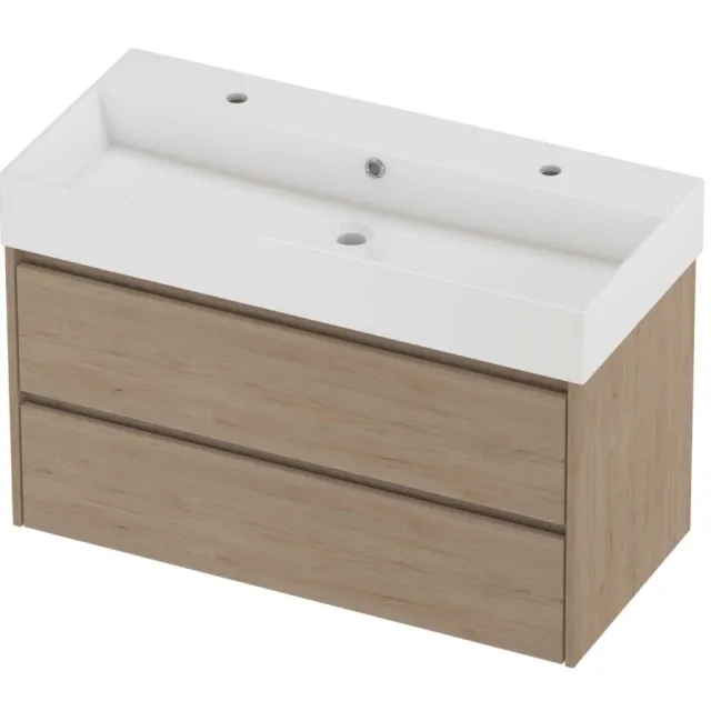 Proline Zara Badmeubelset Porselein Loft 2 Kraangaten Symmetrisch 100x46x65 cm Glans Wit Ideal Oak Eiken