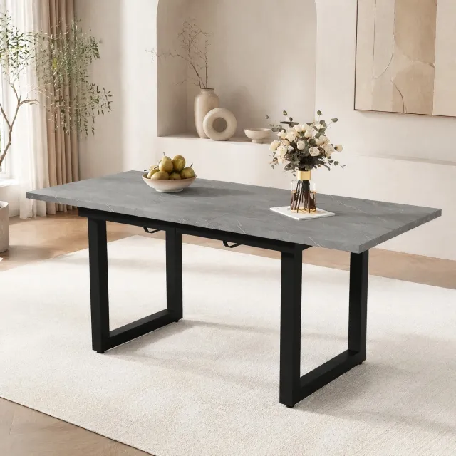Wishdor Eettafel - Uitschuifbaar en rechthoekig - Metalen frame en betonlook tafelblad - Industrieel - Eetkamer woonkeuken samen eten en diners - MDF - Grijs zwart - 140/180 x 80 x 75 cm