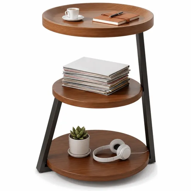 Goodic Bijzettafel - Tafel - 3-laags - Japandi - Rond - Walnoothout Bruin