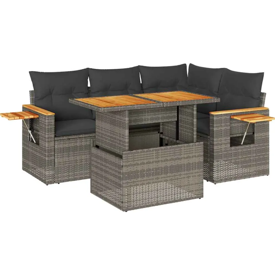vidaXL 5-delige Loungeset met kussens poly rattan acacia grijs, foto 3
