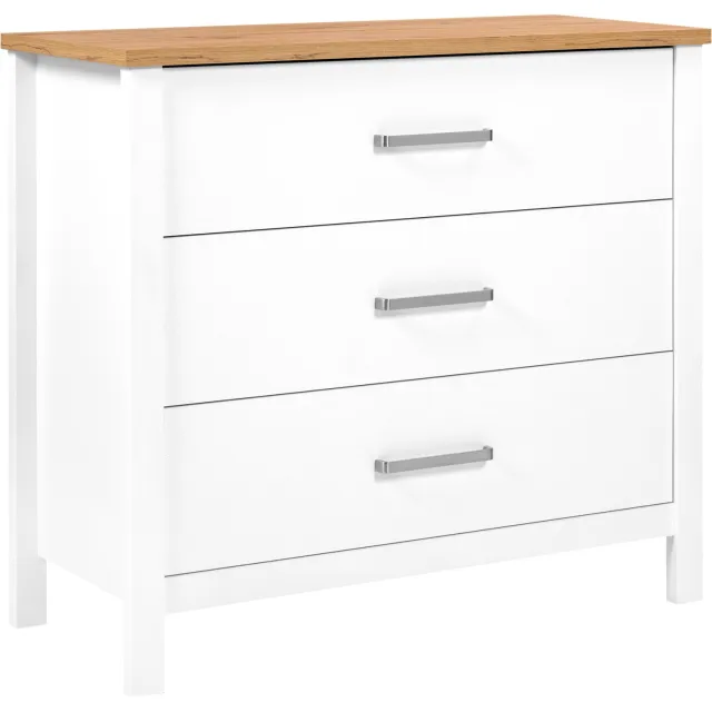 Inter Link SAS Ladekast Sicilia Wit/Eiken Look – 103 cm Breed – 3 Ruime Lades – Softclose – Aluminium Handgrepen