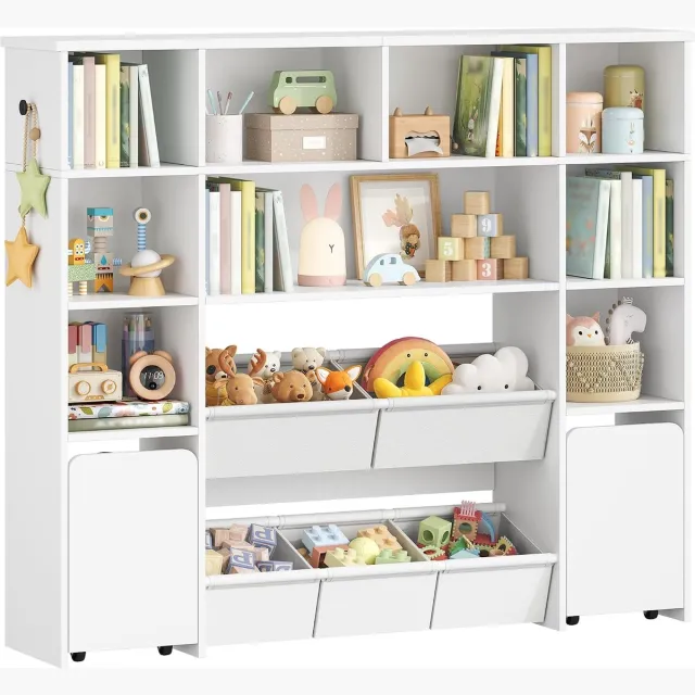 HILINSIE Kinderboekenkast met 2 rollende opbergboxen, 4-verdiepingen boekenplank voor kinderen, kinderboekenplank, speelgoedrek, boekenplank voor kinderkamer, woonkamer, wit, 30 x 140 x 120 cm