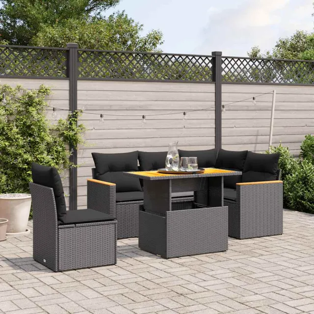 vidaXL 6-delige Loungeset met kussens poly rattan zwart, foto 2