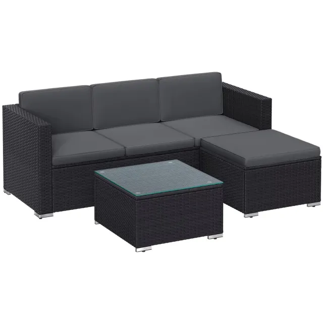 Whoopr® 5-Delige Rotan Loungeset – Handgevlochten Tuinset met Hoekbank, Voetenbank & Salontafel – Inclusief 7 Kussens – Balkonset voor Tuin, Terras & Veranda Zwart