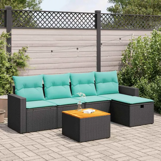 vidaXL 6-delige Loungeset met kussens poly rattan zwart, foto 2