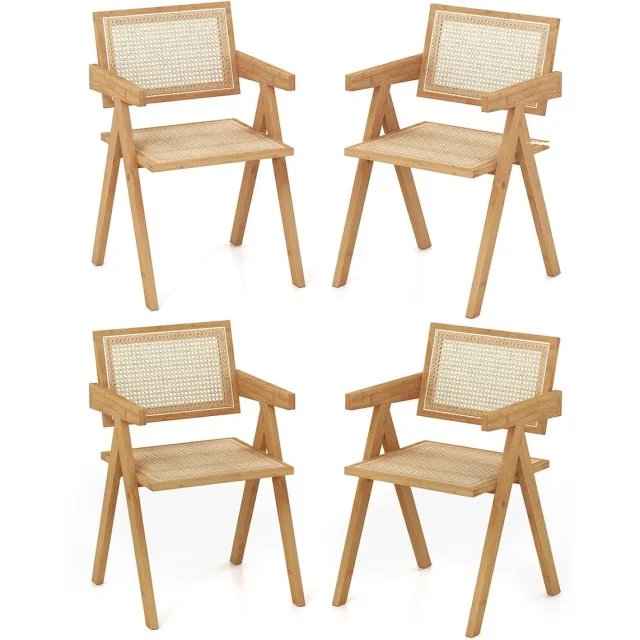 Costway Set van 4 eetkamerstoelen, keukenstoelen van bamboe en gesimuleerde rotan, accentstoelen met rugleuning en armleuningen, rotan stoel voor keuken, woonkamer, eetkamer, 50 x 52 x 81 cm, naturel