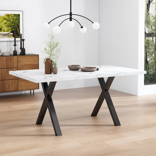 MEUNIQ eettafel 140 x 80 x 76 cm rechthoekig, wit marmerlook MDF blad met zwart metalen X-poot, modern voor eetkamer en woonkamer White Marble