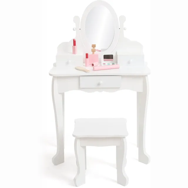 HOERFURIY Kinderkaptafel set met spiegel en kruk - houten kaptafel voor meisjes speelgoed - wit