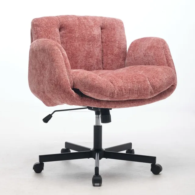 Ropilly Roze Chenille Bureaustoel - In Hoogte Verstelbare Bureaustoel - Opklapbare Armleuningen - Dubbel Kussen - Thuiswerkplek - 92,5cm - Roze
