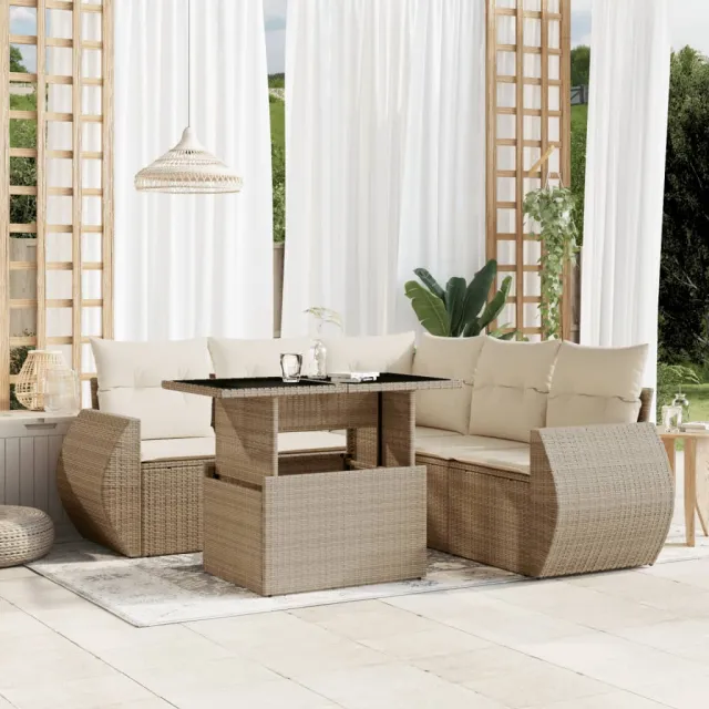 vidaXL 6-delige Loungeset met kussens poly rattan beige, foto 2